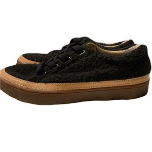 Dark Academia Black Wool & Leather Sneakers, Fuzzy, sz 8